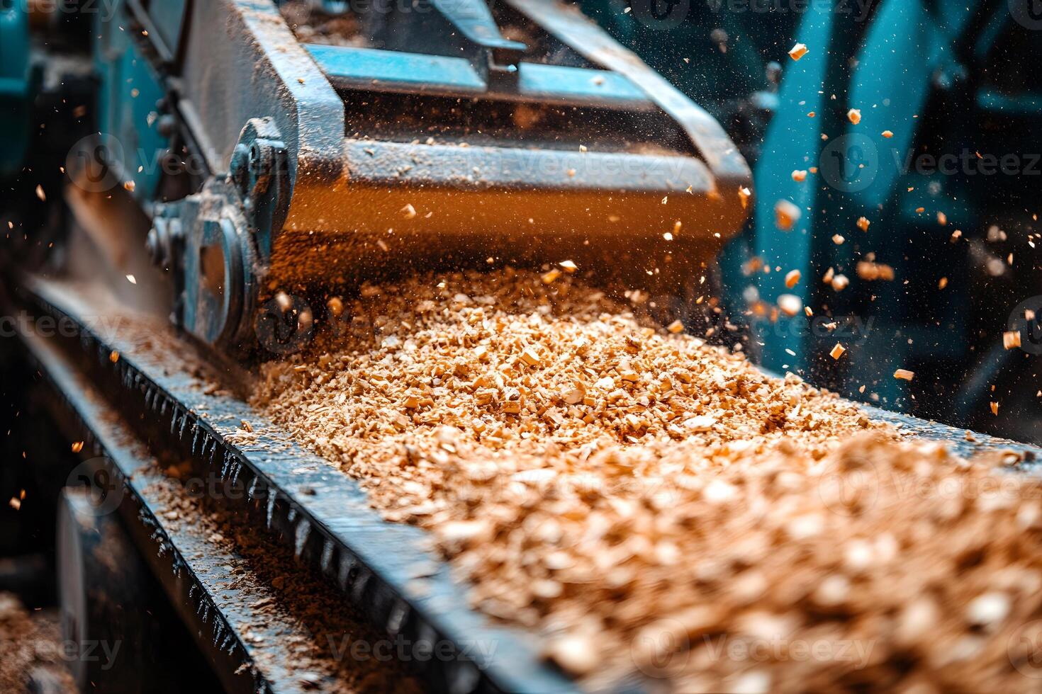 Wood Processing Machine Creating Fine Sawdust in Industrial Setting photo