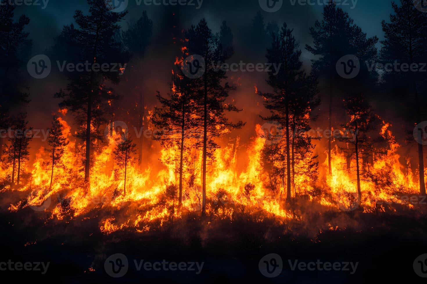 Forest Fire at Night - Intense Flames and Smoke in a Woodland Environment photo
