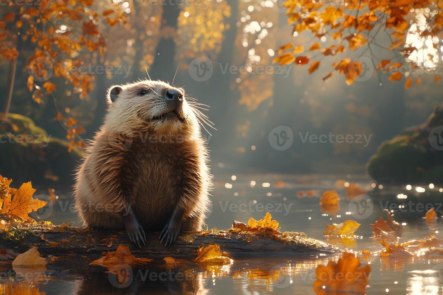 Autumn Serenity Tranquil Beaver in Golden Forest for Nature Photography photo