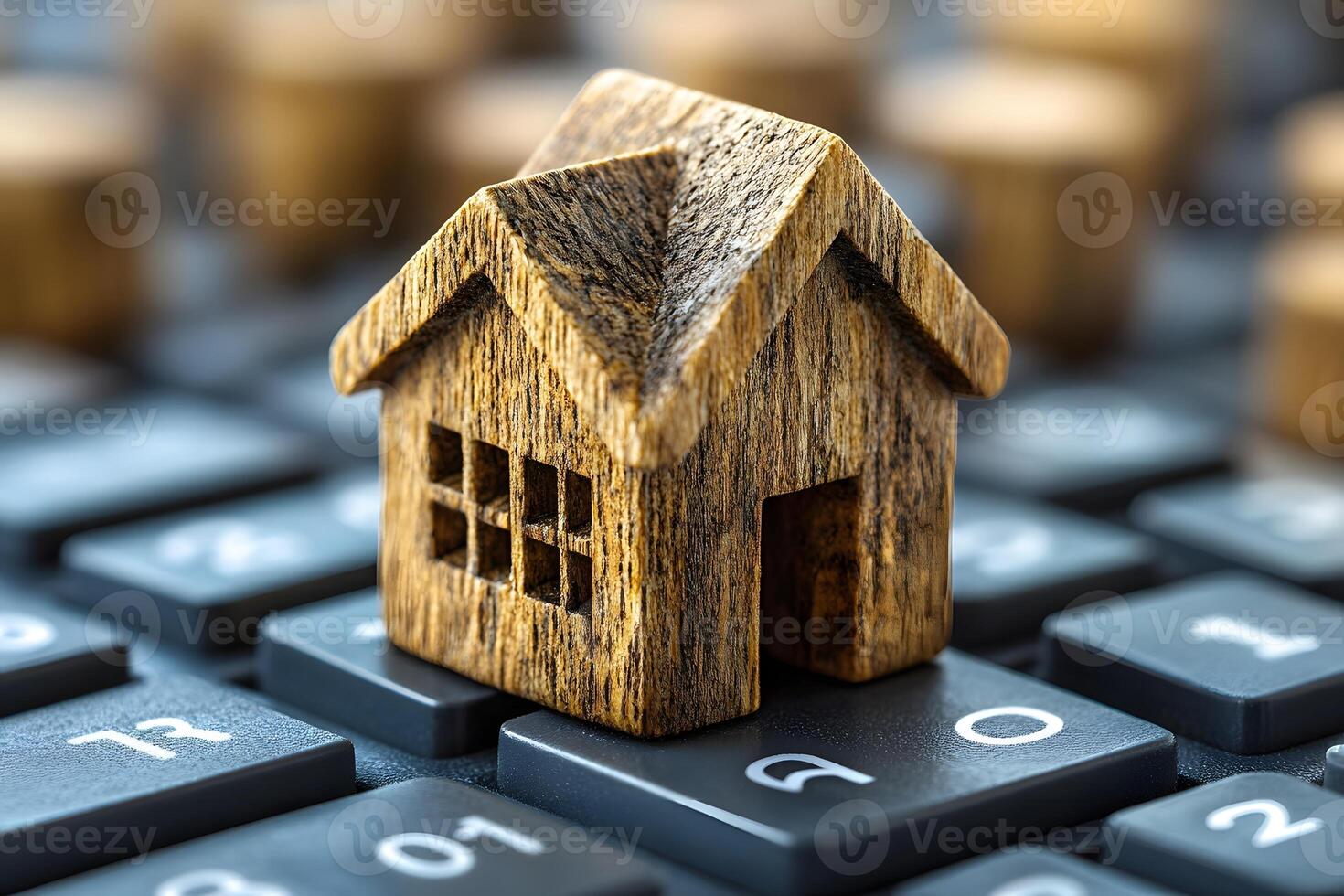 Miniature Wooden House on Keyboard Illustrating Real Estate Investment and Online Transactions photo