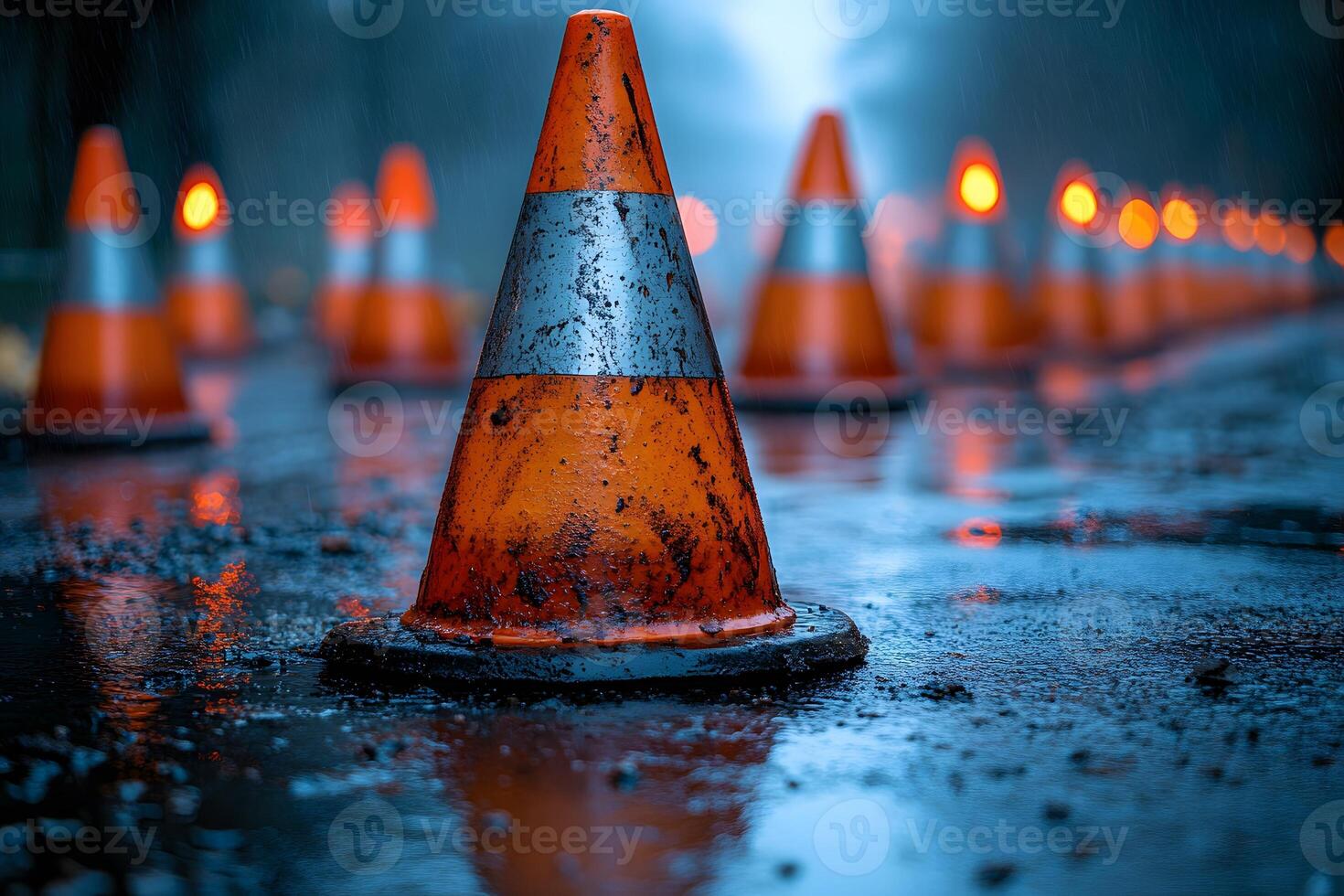 Traffic Safety Concept Orange Cones on a Wet Road in Evening Light for Transportation Design photo