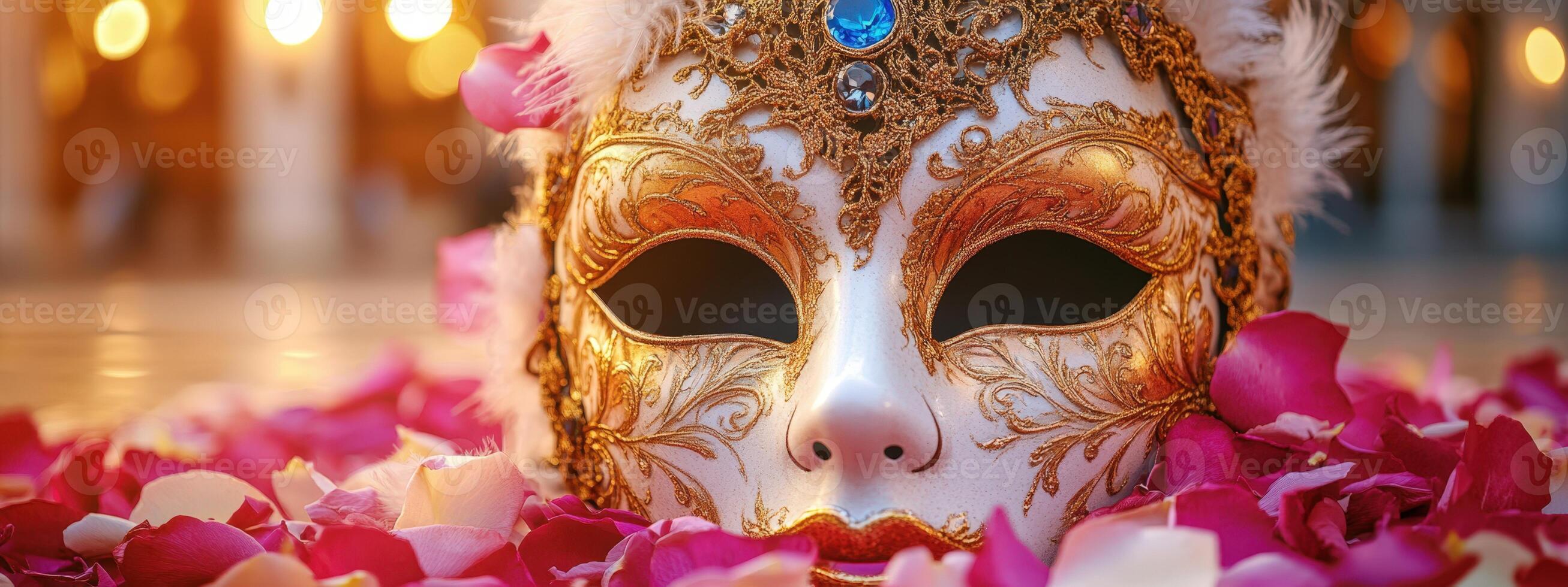 A venetian mask with pink petals on the floor photo