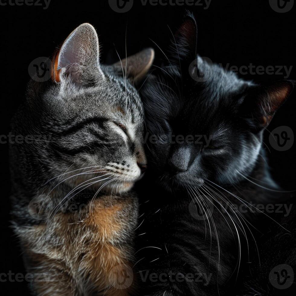 Two cats cuddling together on a black background. photo