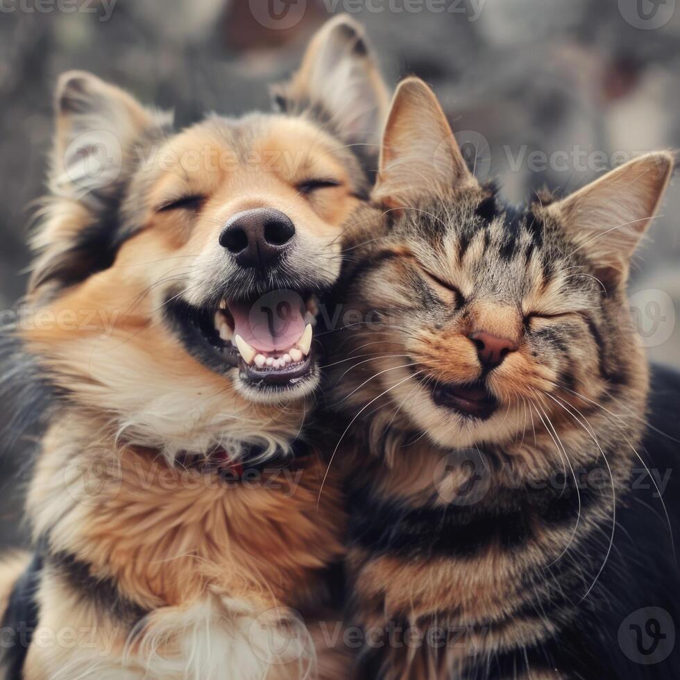 A cat and dog are smiling together photo