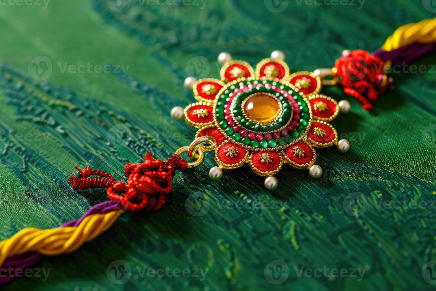 A colorful rakhi on a green background. photo