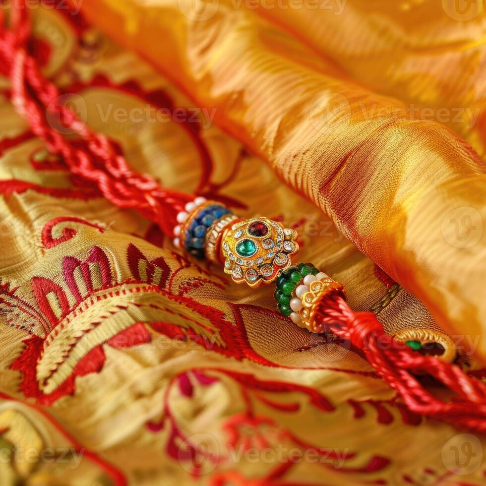 A close up of a gold and red rakhi photo