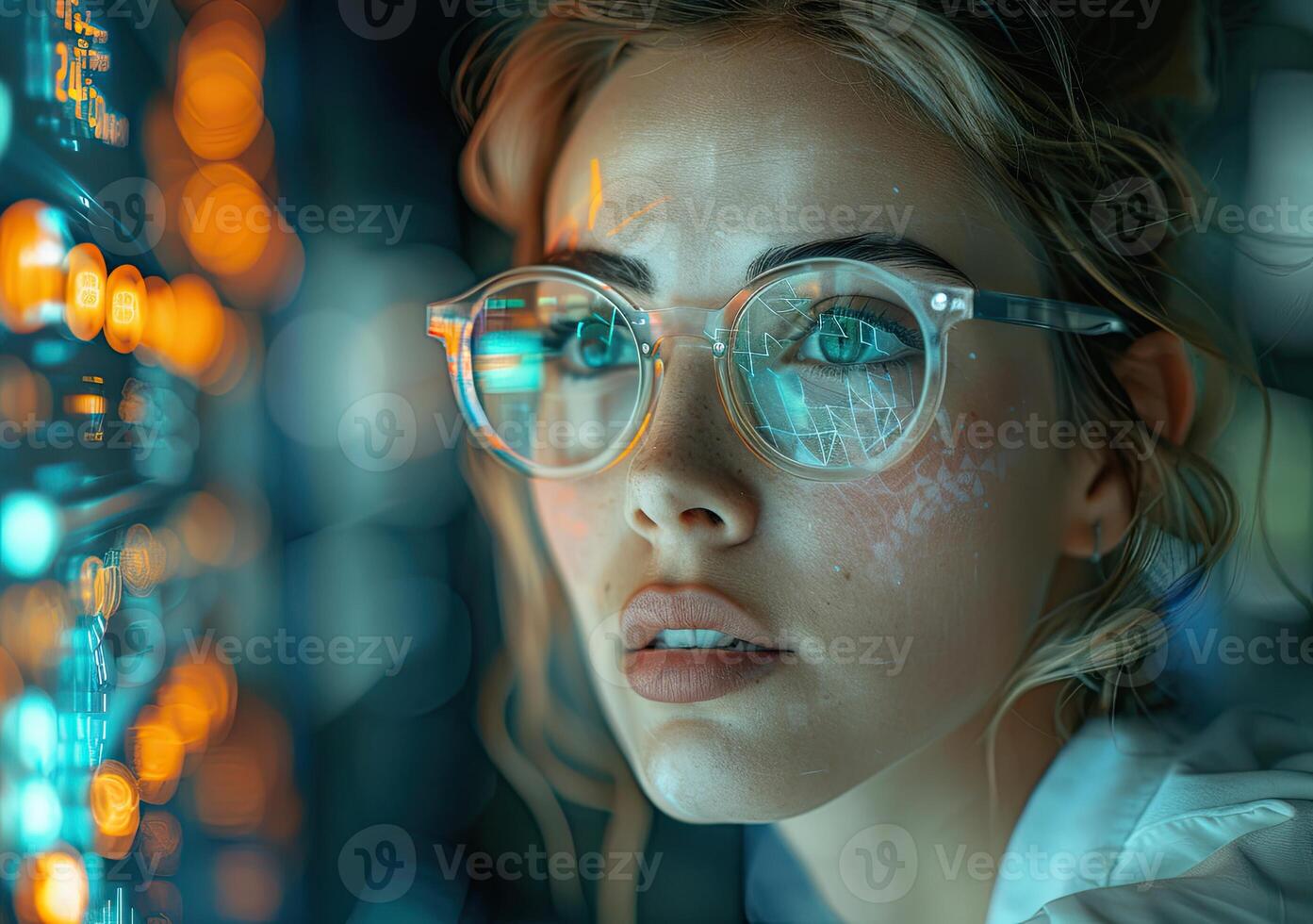 A woman wearing glasses and looking at a computer screen. photo