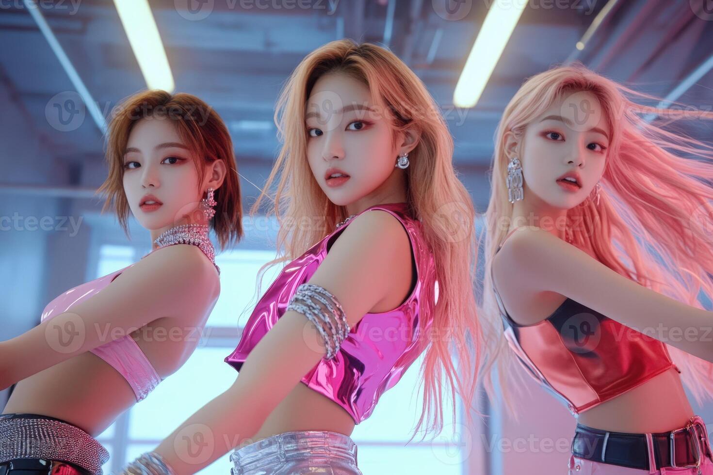 Three girls in pink outfits are posing for a photo