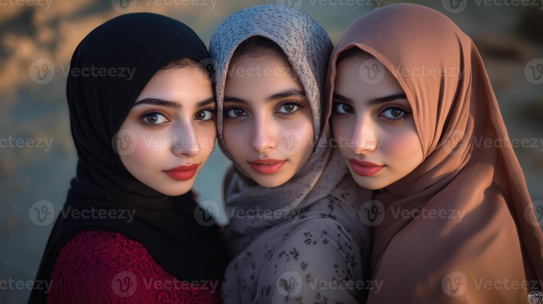 Three beautiful women wearing hijab pose for the camera photo