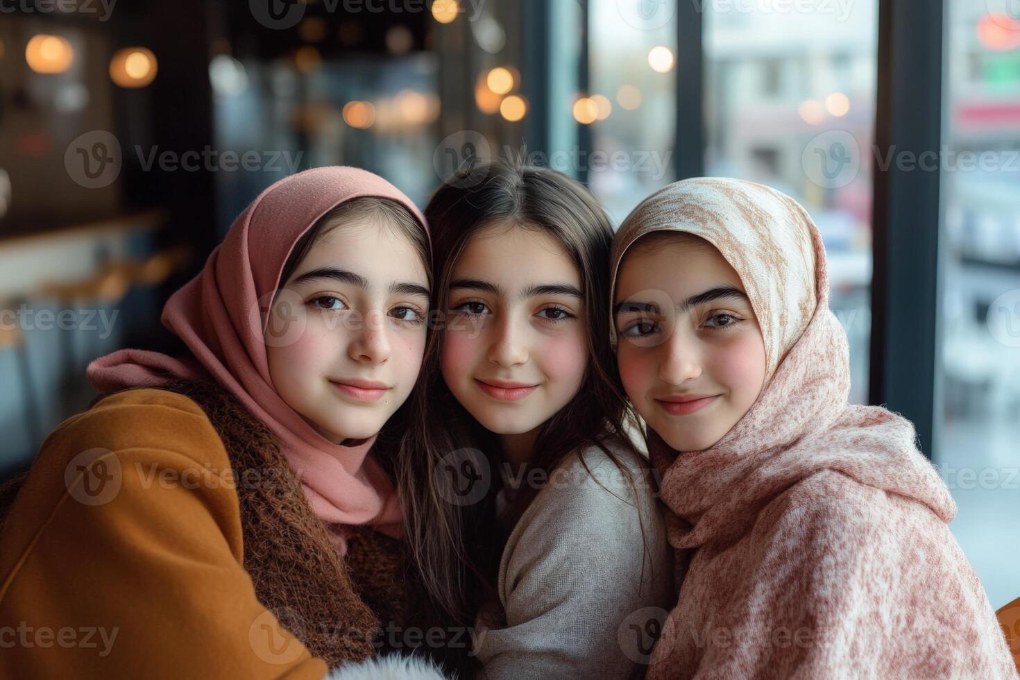 Three young women wearing hijab pose for a photo