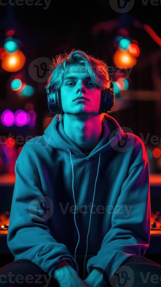 A young man wearing headphones in a dark room photo