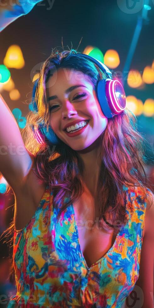 A woman wearing headphones and smiling in party. photo