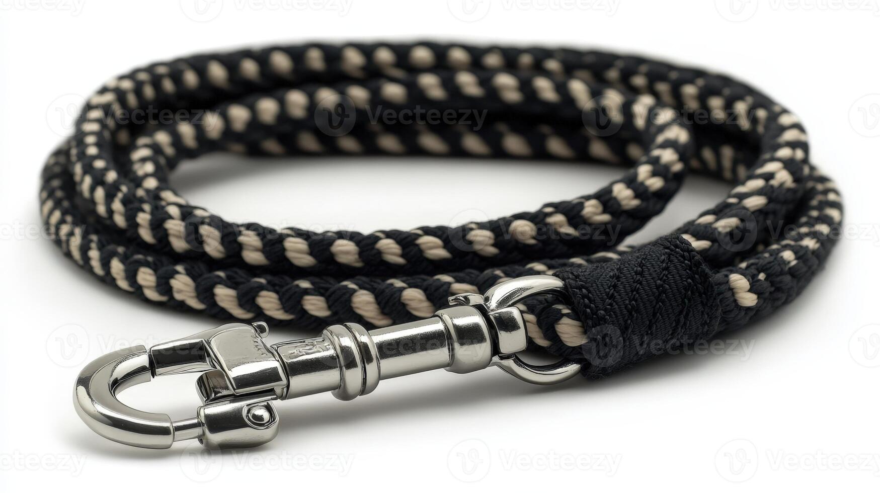 A black and white dog leash with a metal hook photo
