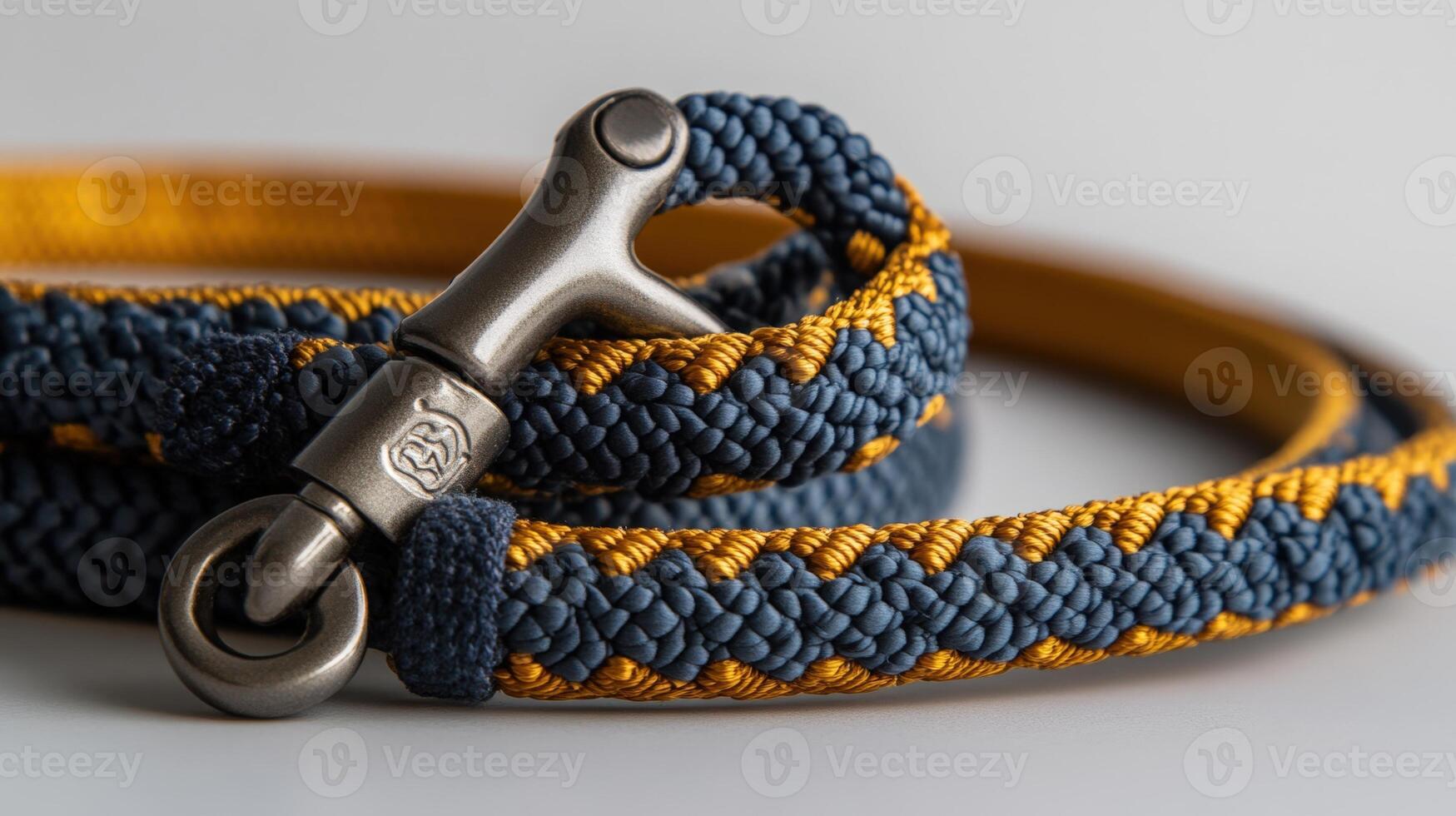 A blue and yellow dog leash with a metal hook photo