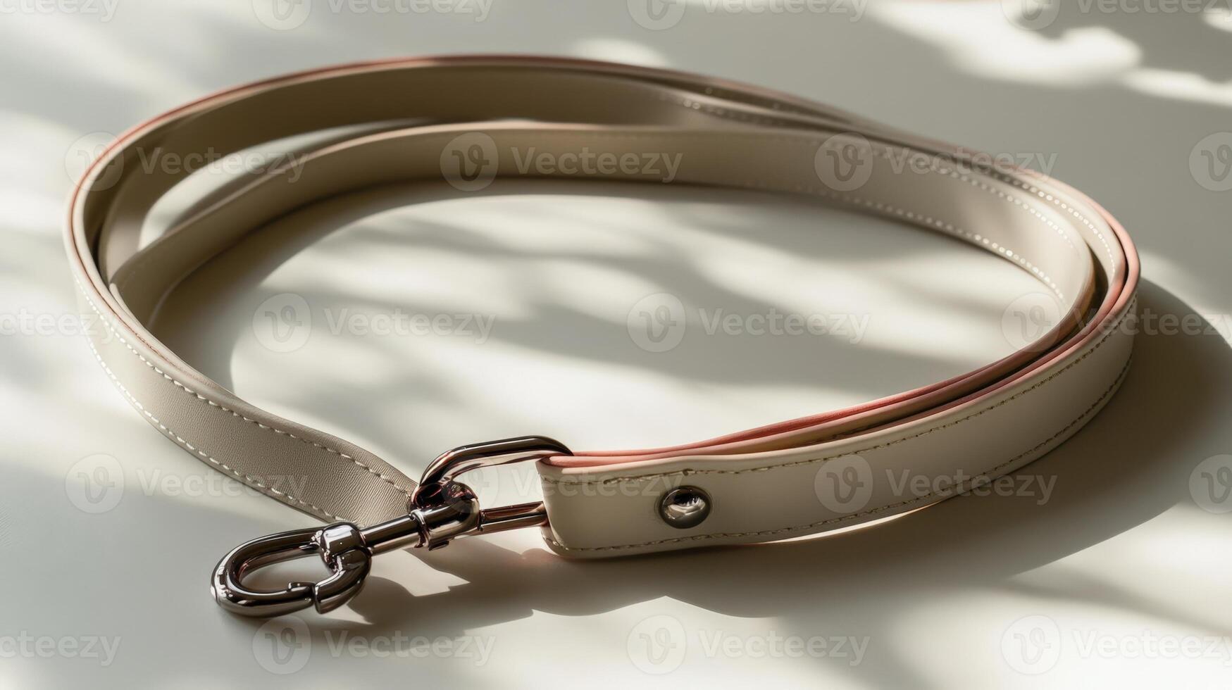 A white leather dog leash with a metal clasp photo