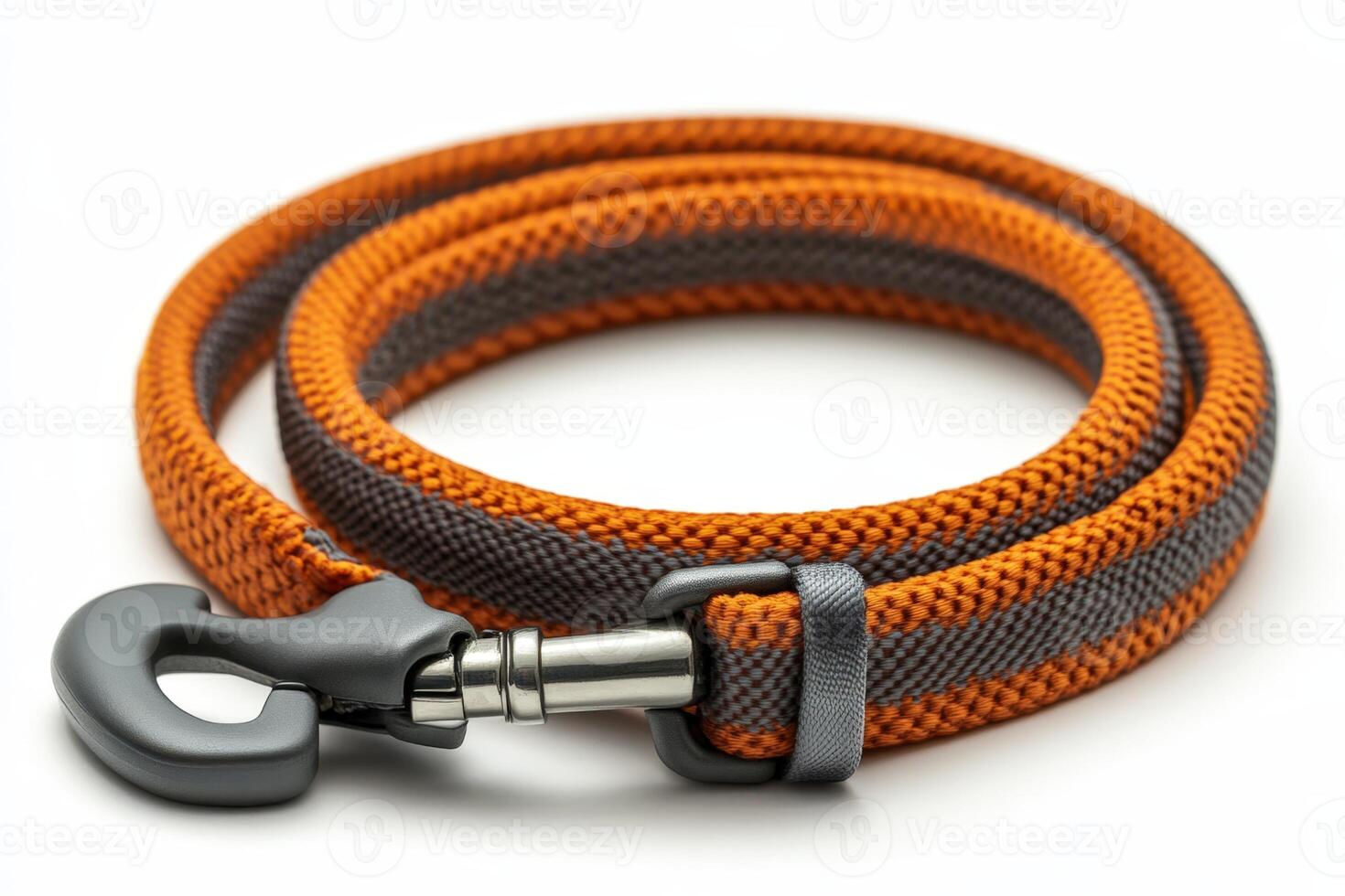 An orange and grey dog leash with a metal hook photo