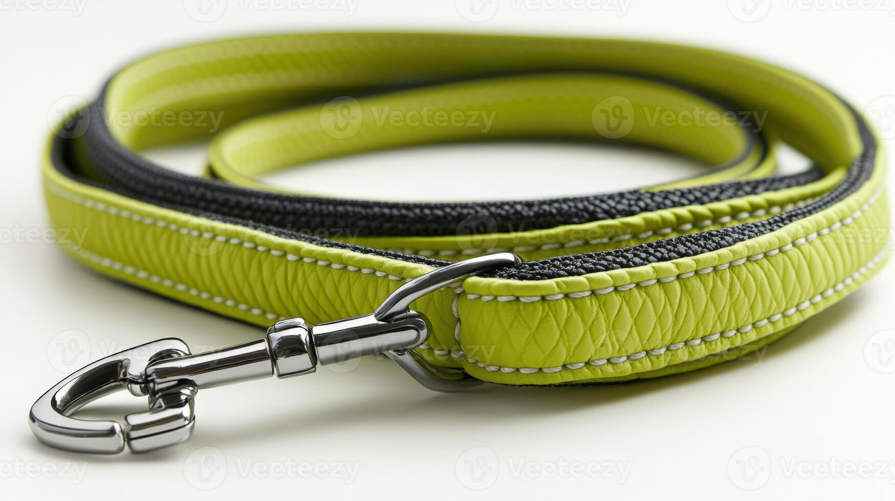 A lime green dog leash with black stitching photo