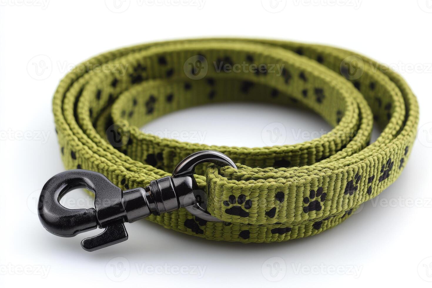 A green leash with black and white paw prints photo