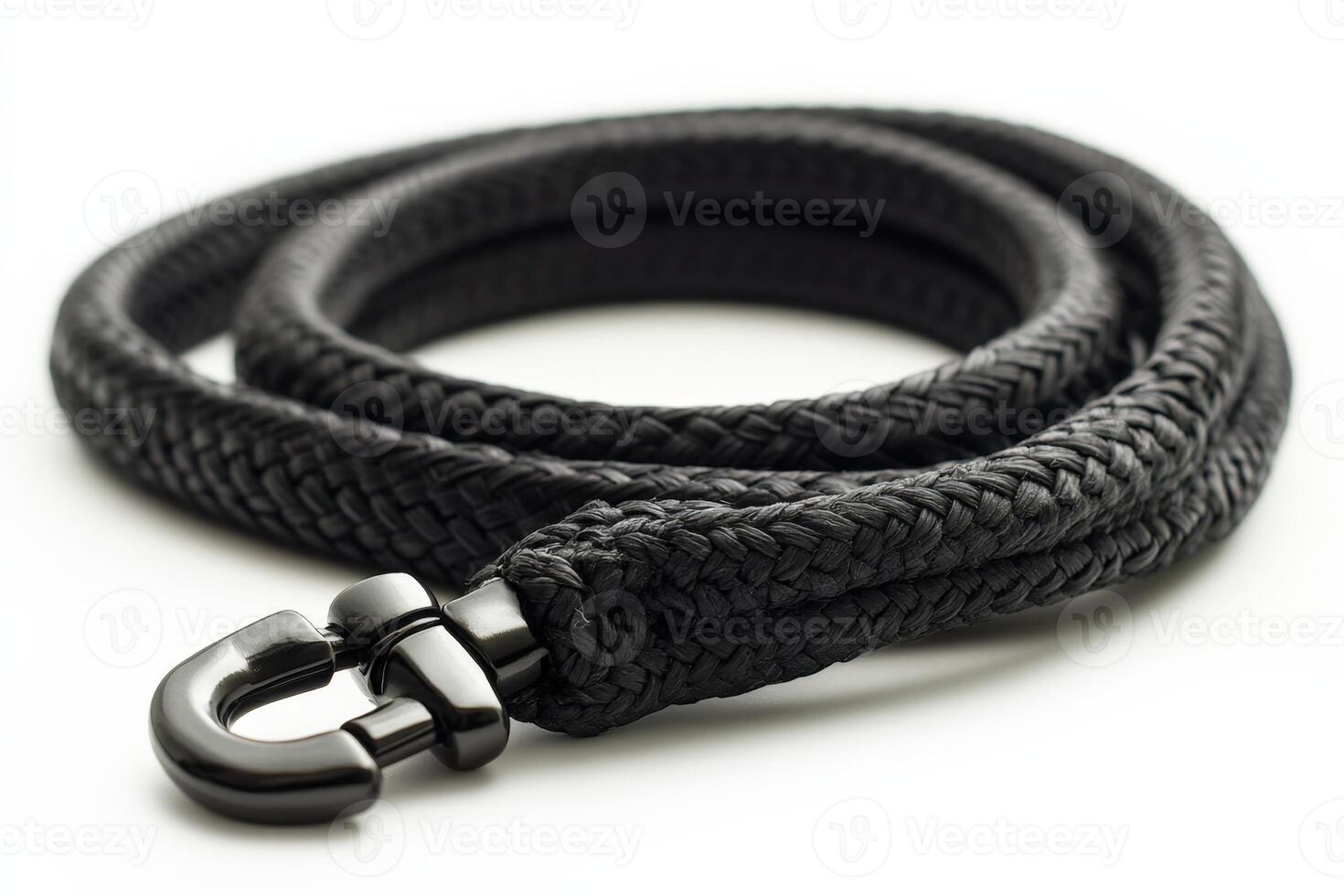 A black braided rope with a metal clasp photo