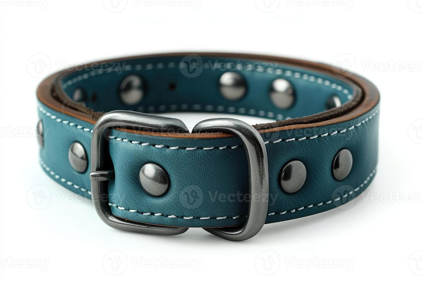 A blue leather dog collar with silver rivets photo