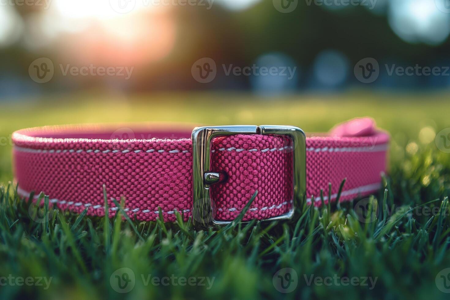 A pink dog collar on grass with sunlight in the background photo