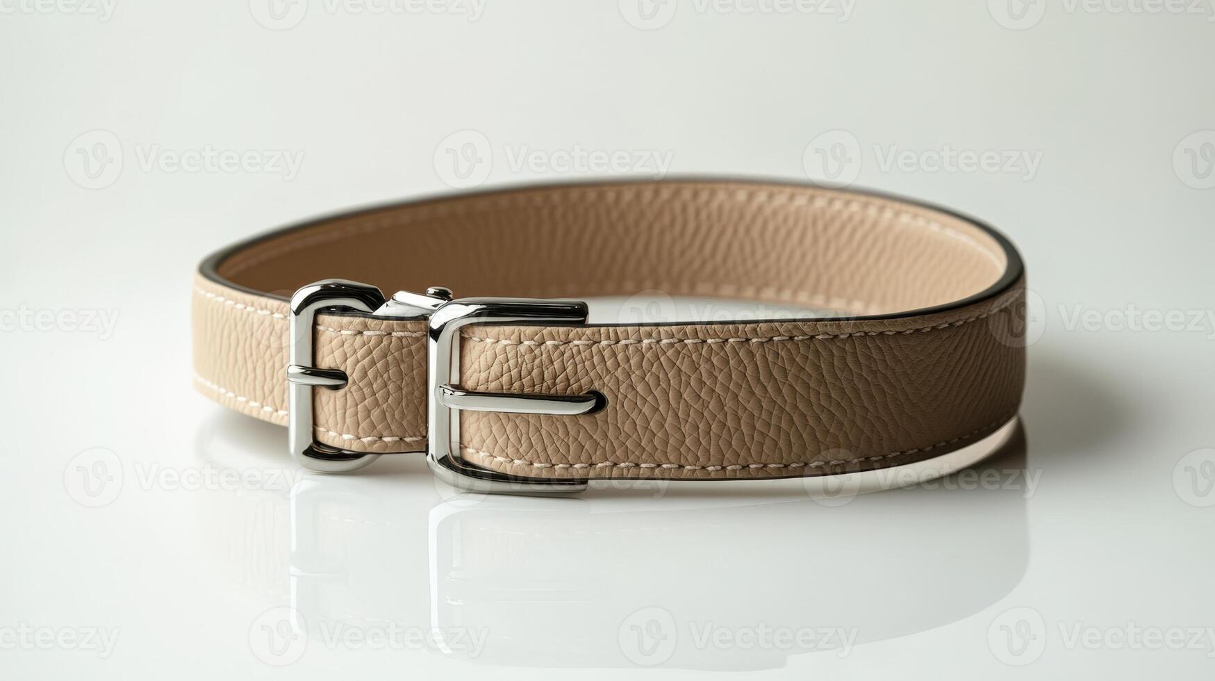 A tan leather dog collar with a silver buckle photo