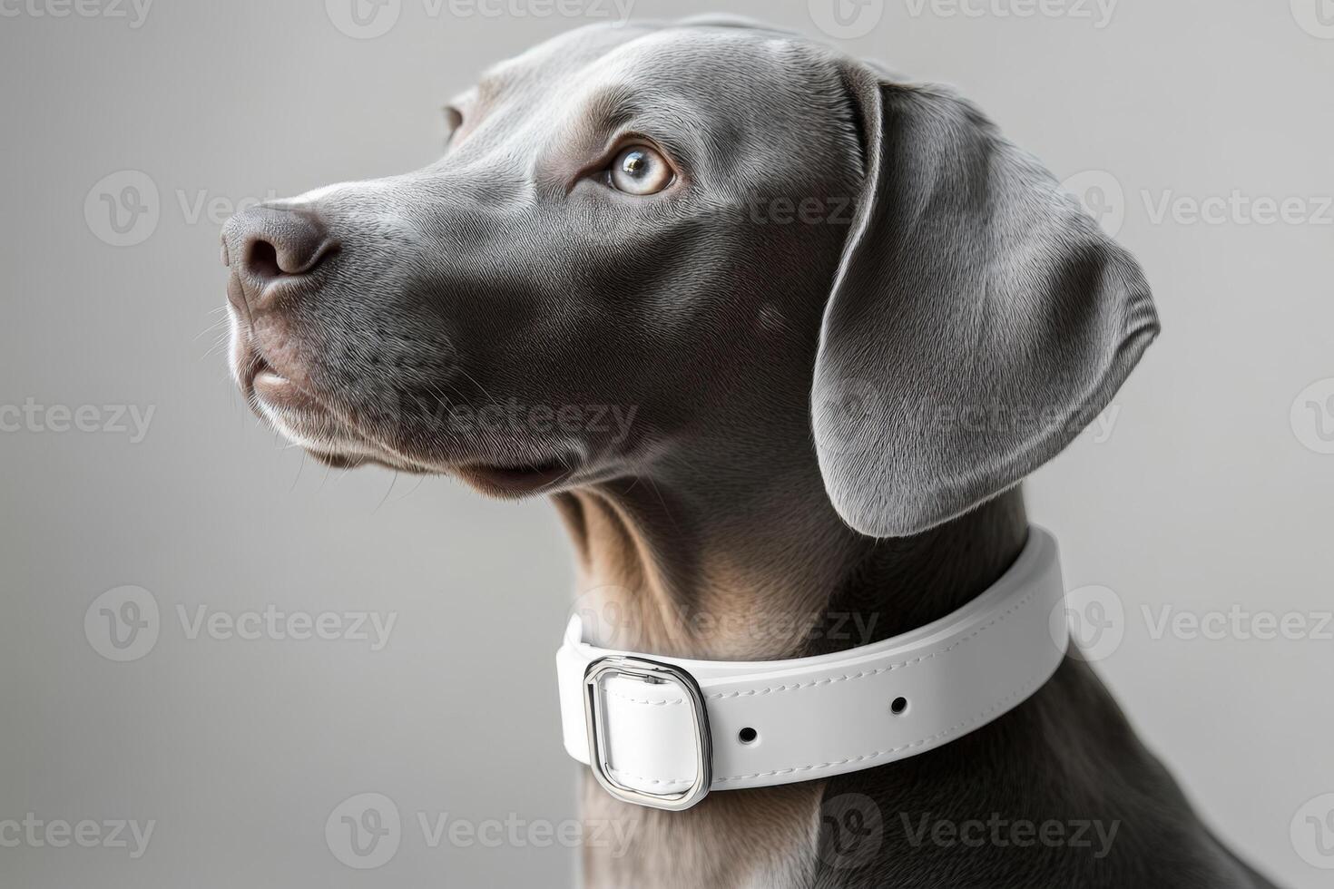 A dog wearing a collar on a gray background photo
