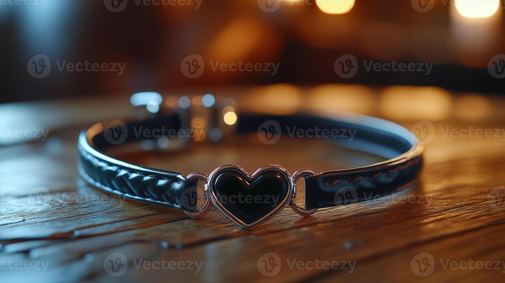 A black leather bracelet with a heart shaped charm photo
