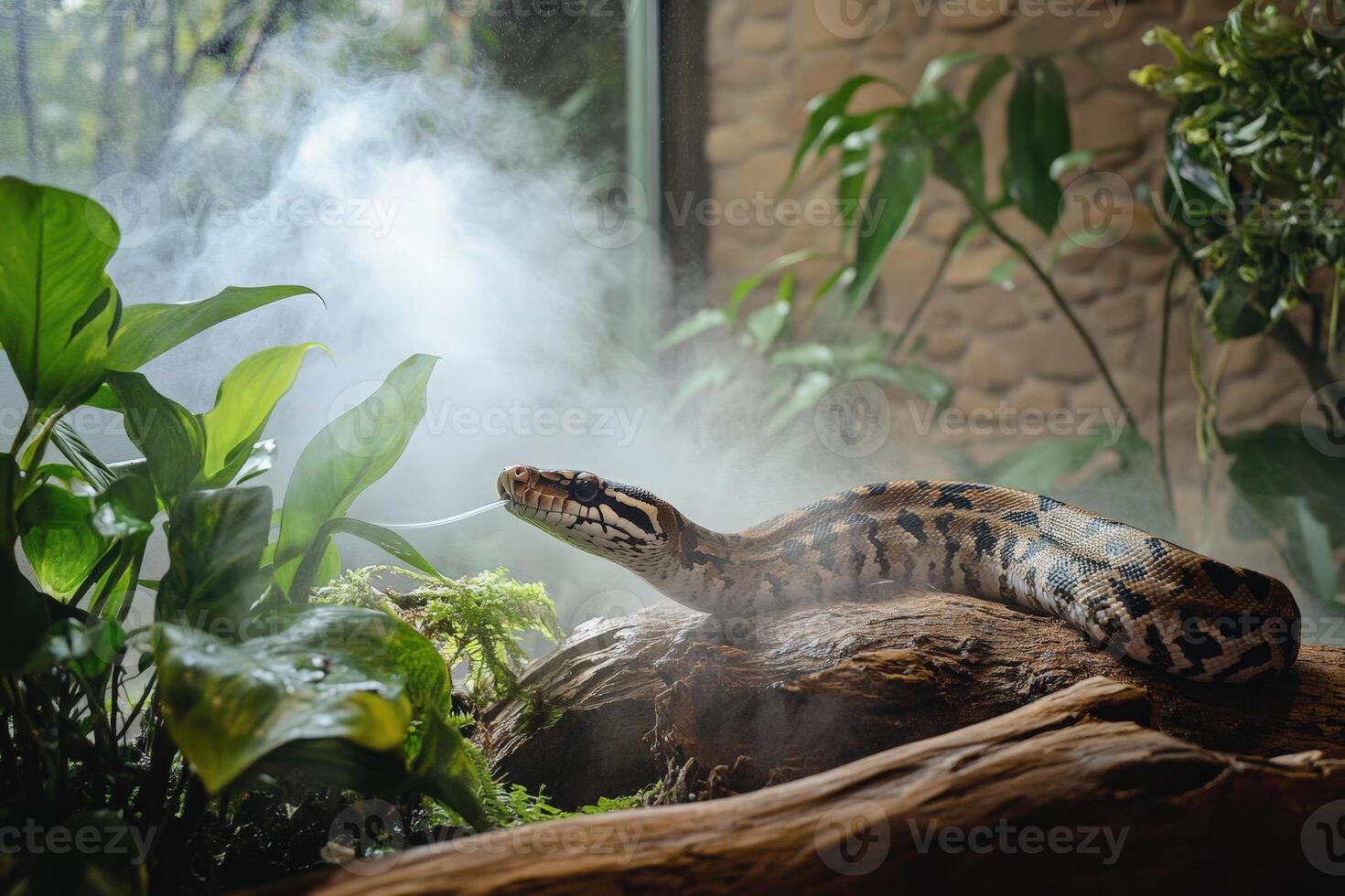 A snake in a tropical forest with smoke coming out of its mouth photo