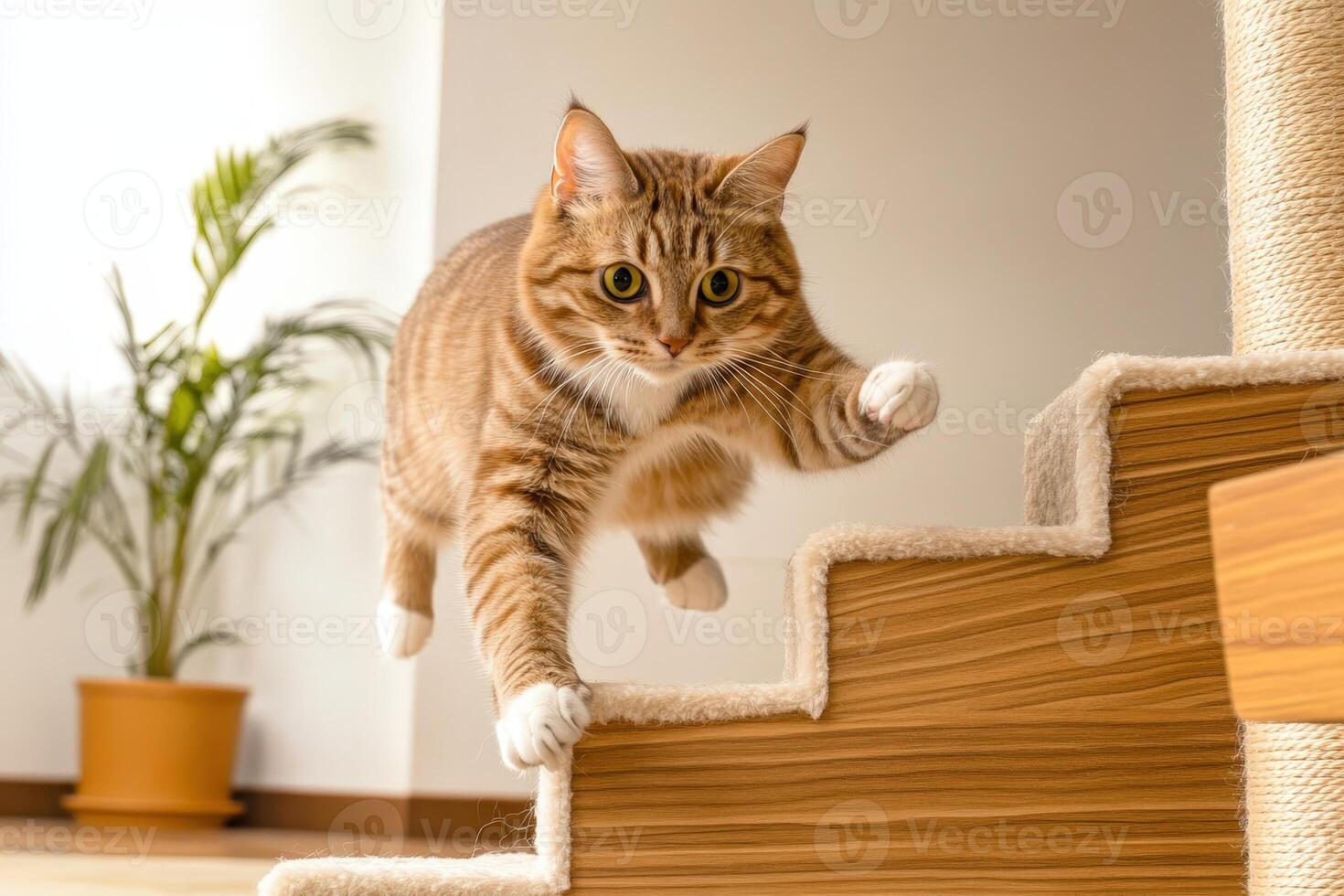 A cat is running up a stairway photo