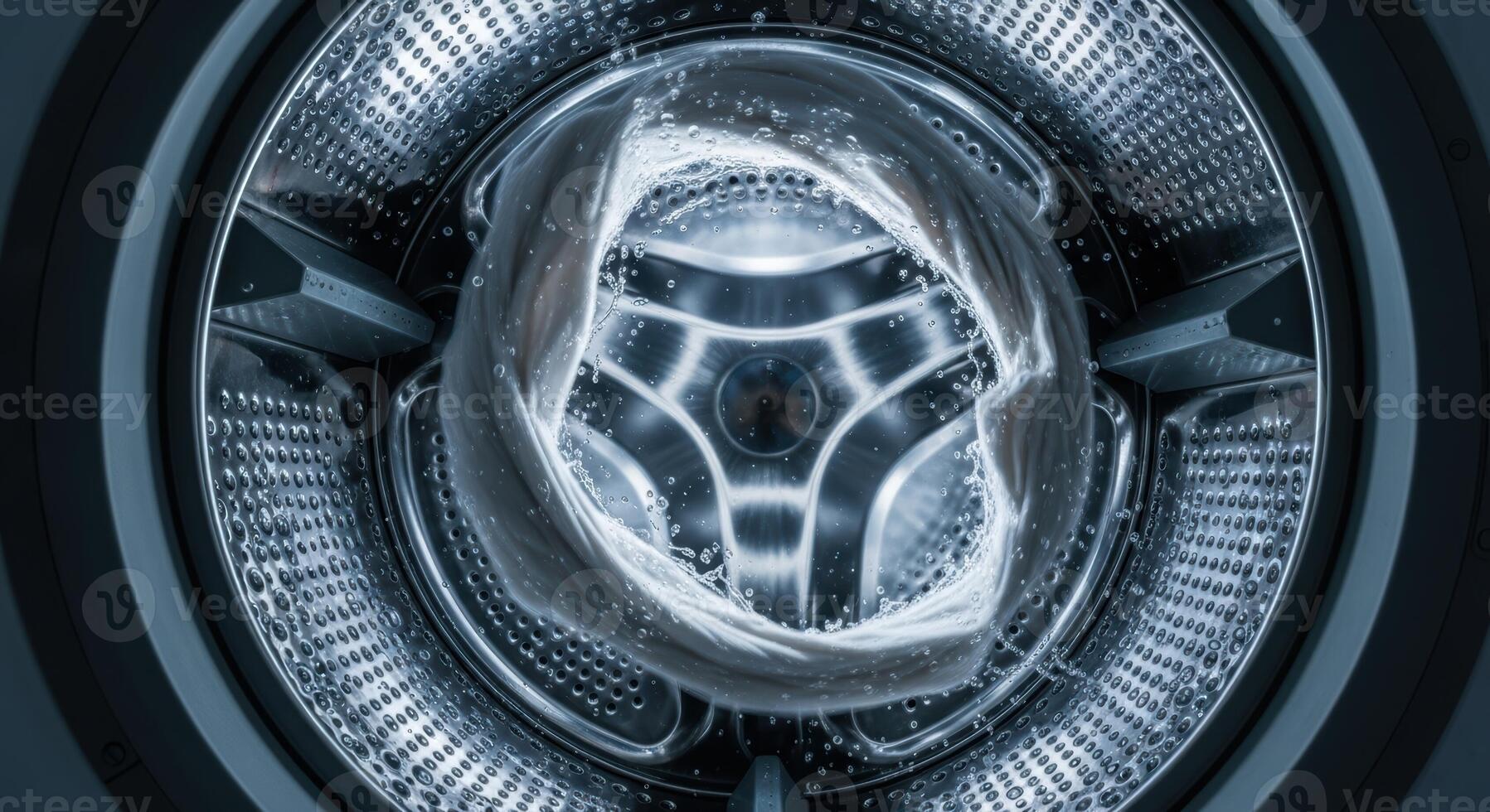 Inside a washing machine drum with white laundry and water during a wash cycle photo