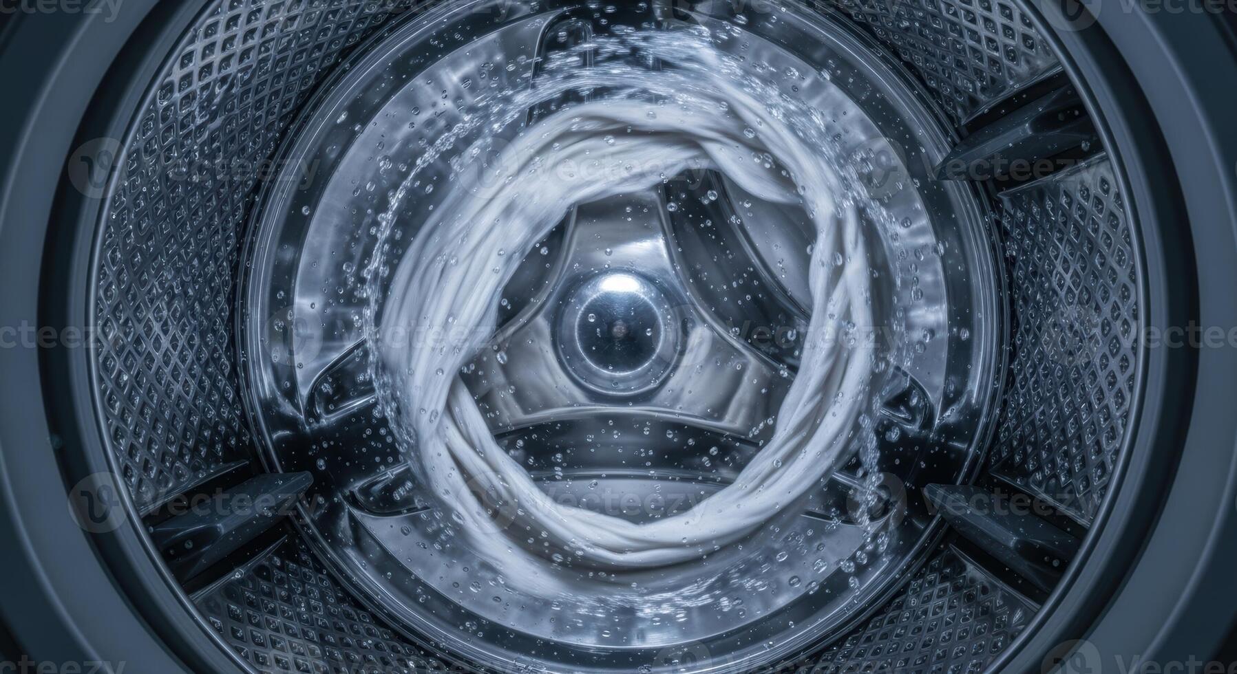 Inside a washing machine drum, white clothes spin with water during a cleaning cycle. photo
