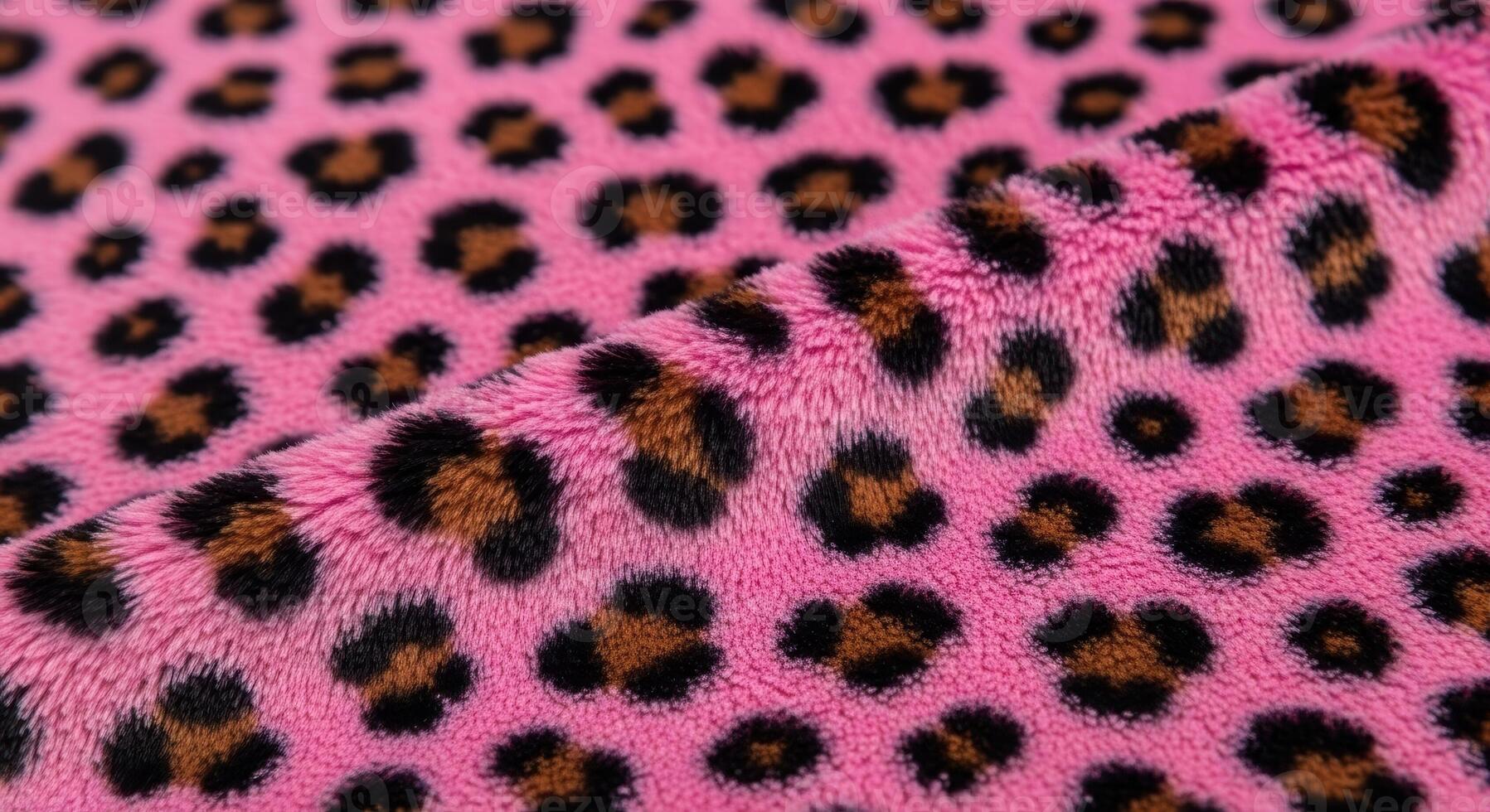 A close up of a vibrant pink faux fur textile with a detailed leopard print pattern photo