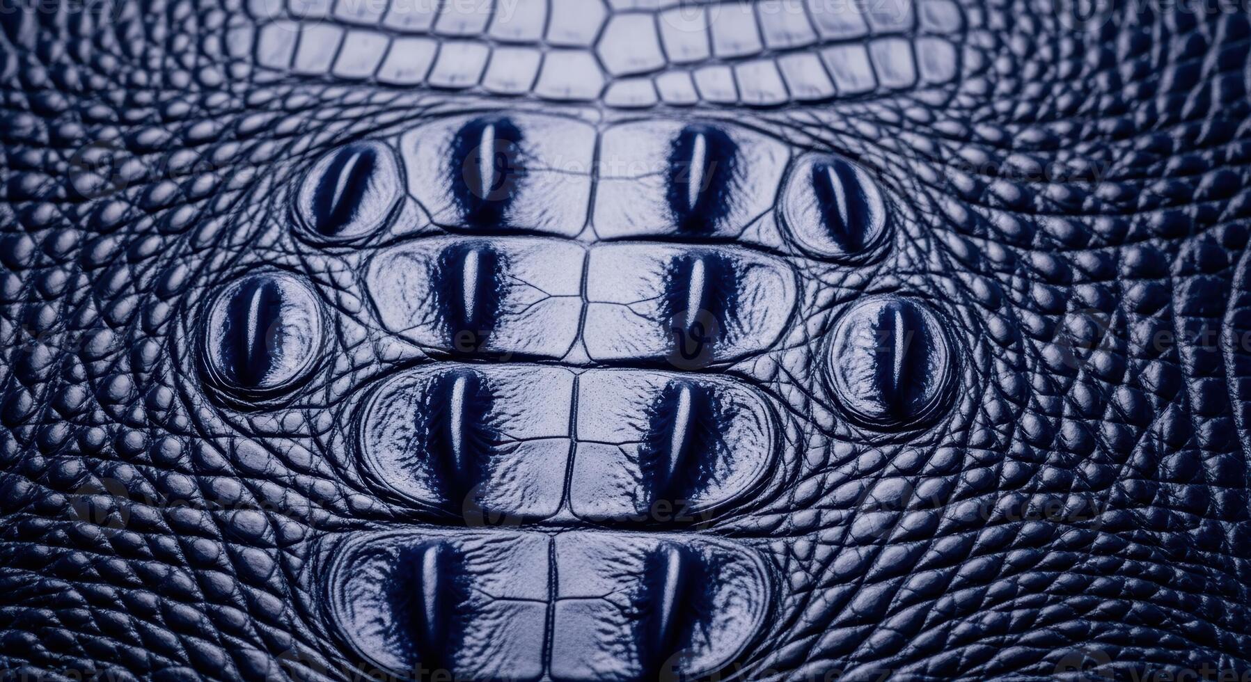 Close up of deep blue glossy crocodile skin texture with natural scales and pattern photo