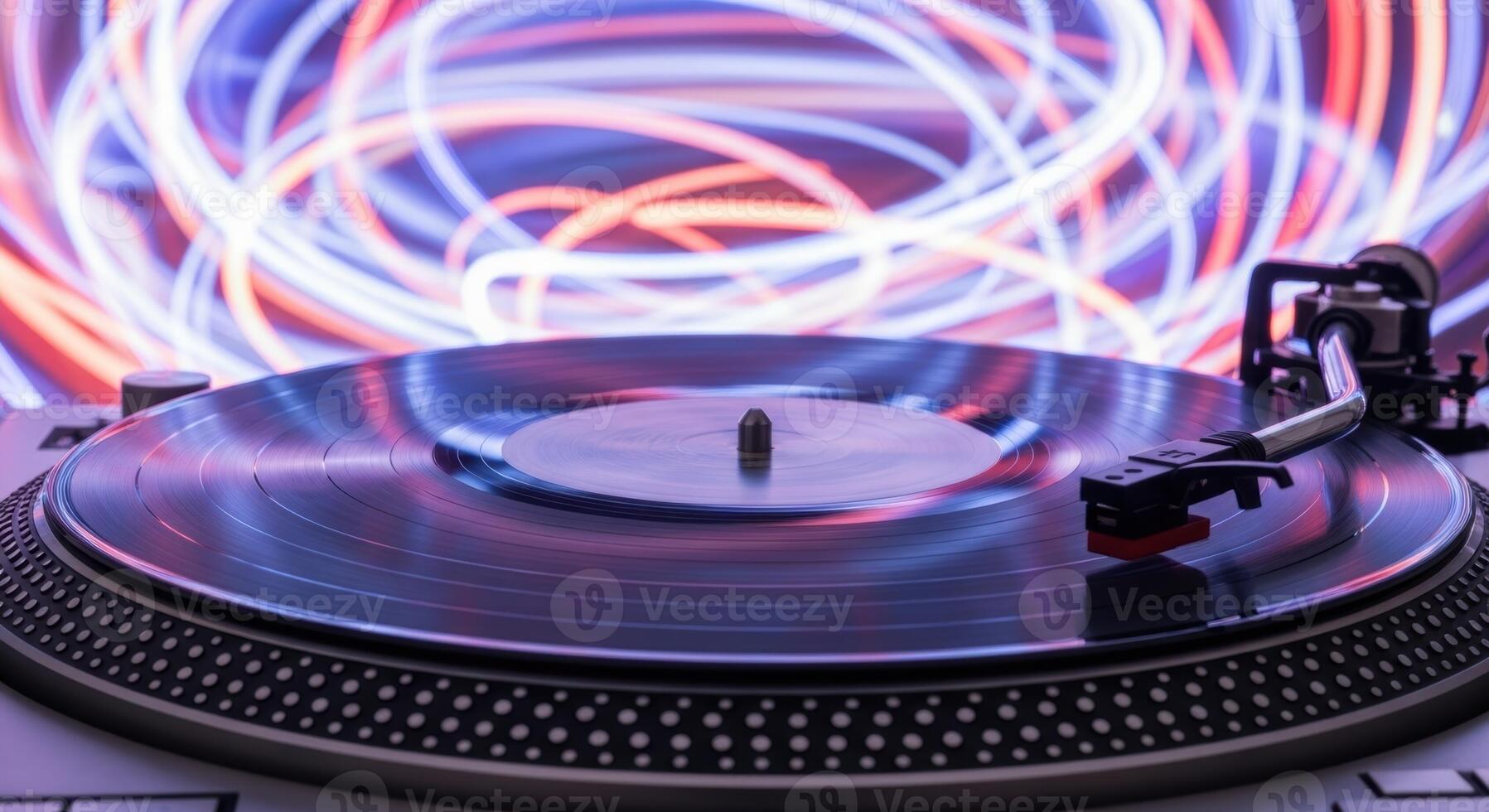 Vintage turntable with spinning vinyl record and dynamic light trails background photo