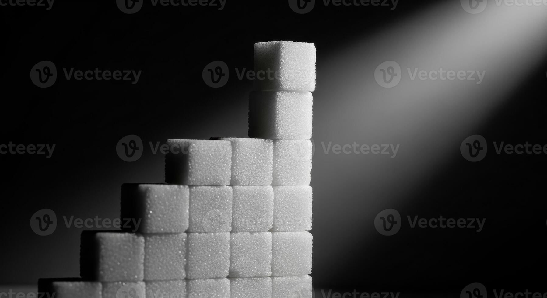 White sugar cubes arranged as a staircase with spotlight on dark background photo