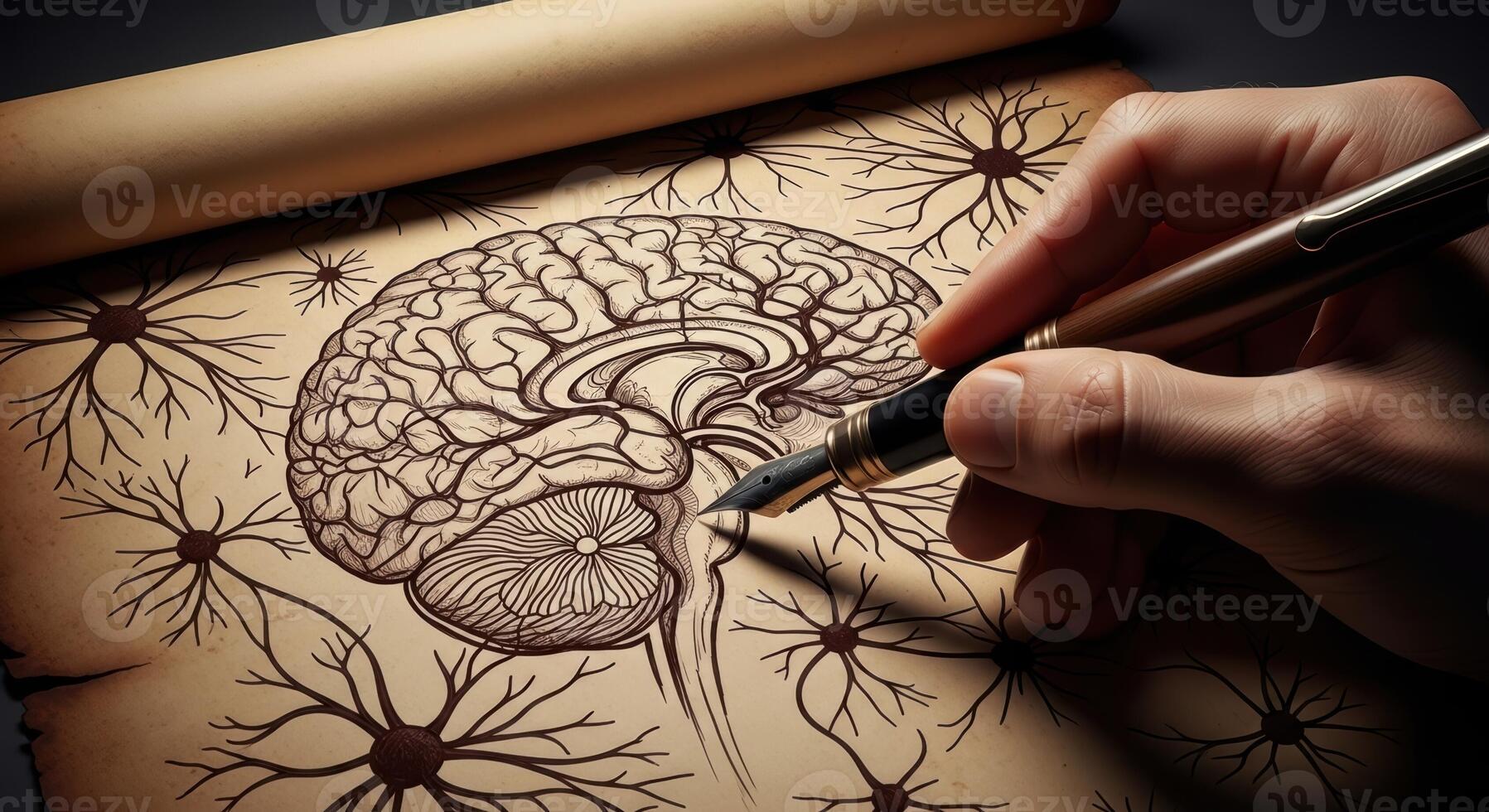 A hand drawing a detailed human brain with a fountain pen on vintage paper. photo