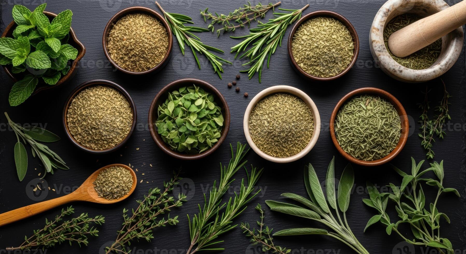 Assortment of fresh and dried herbs with kitchen tools on a dark surface, top view photo