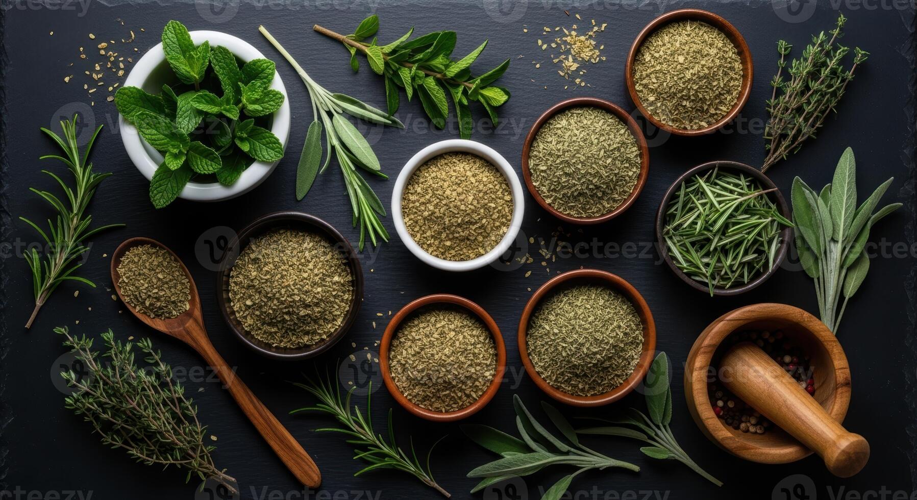 Assortment of dried and fresh culinary herbs with bowls, spoon, mortar and pestle on dark surface photo