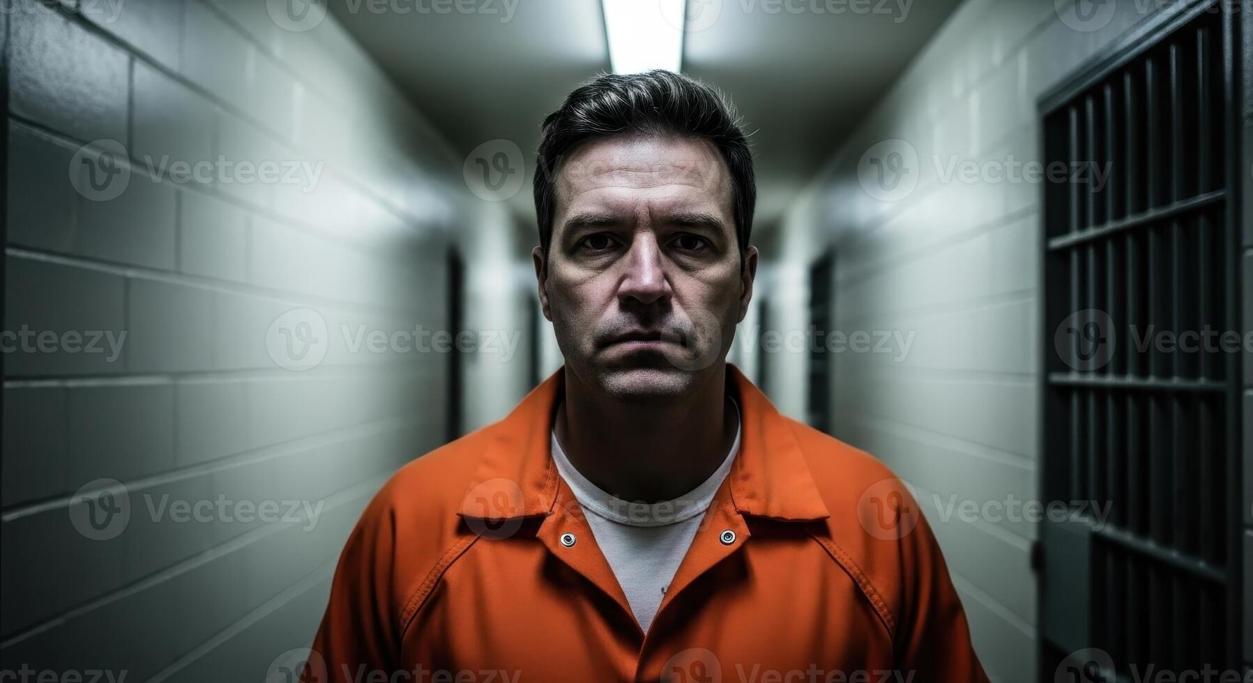 Serious man in orange jumpsuit standing in a prison hallway with cell bars visible. photo
