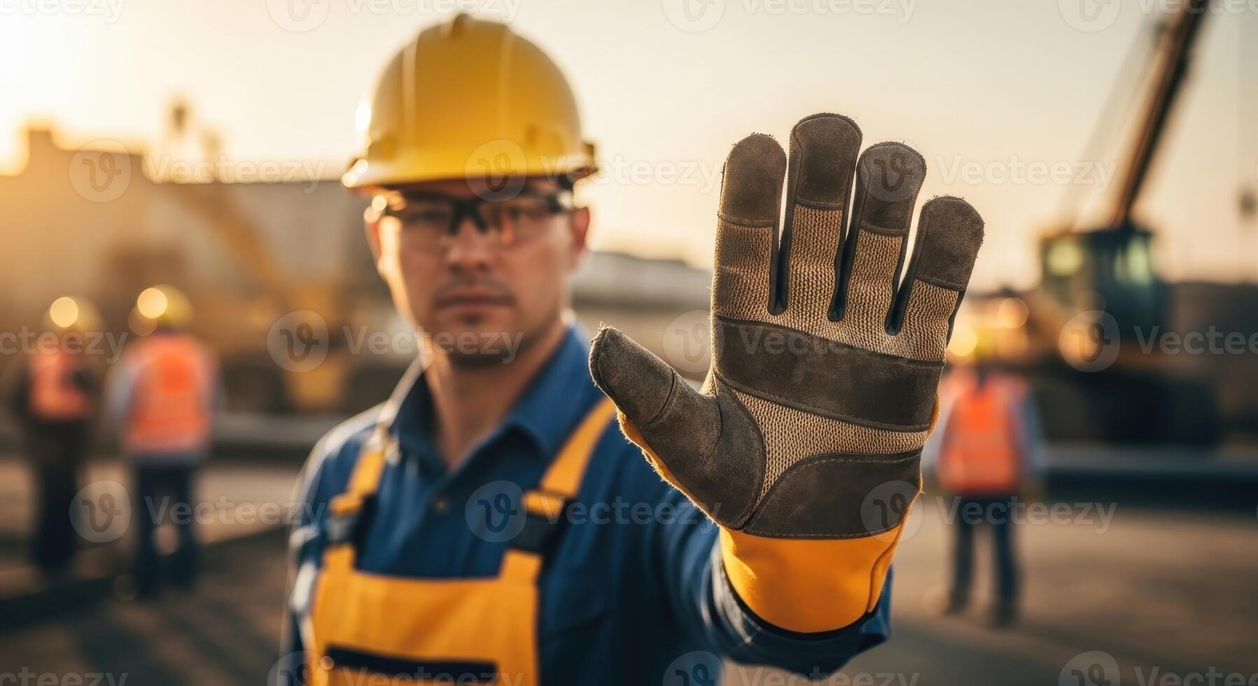 Construction worker in hard hat and gloves making stop gesture at building site photo