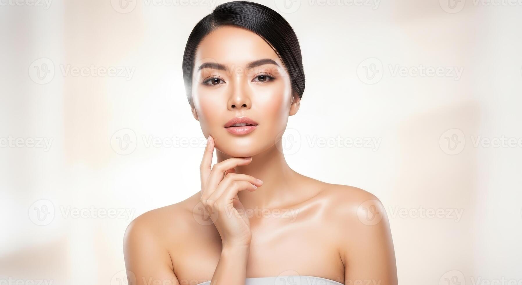 Young asian woman with radiant glowing skin after beauty treatment, touching her face. photo