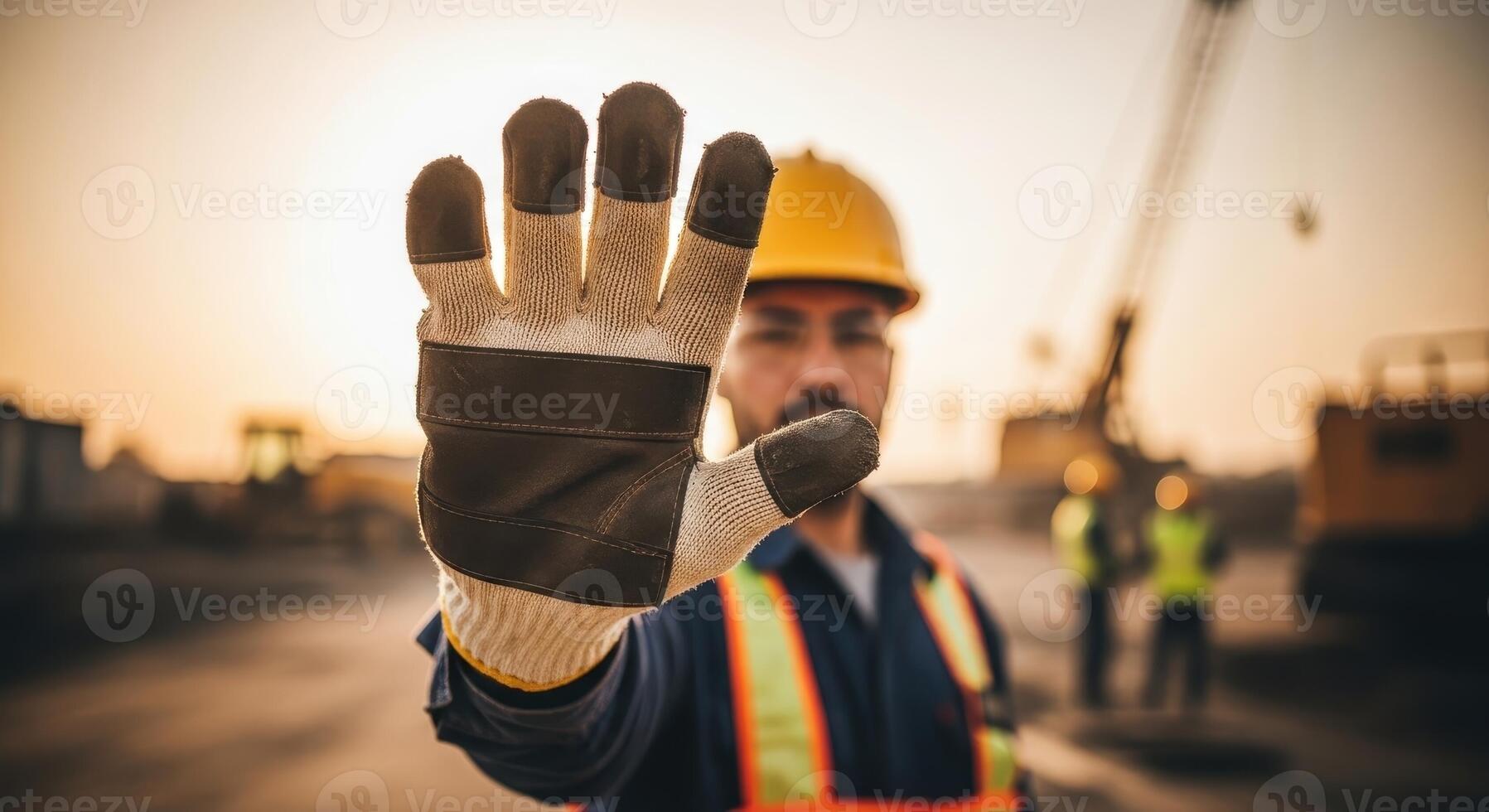 Construction worker signaling stop with gloved hand at a building site during sunset photo