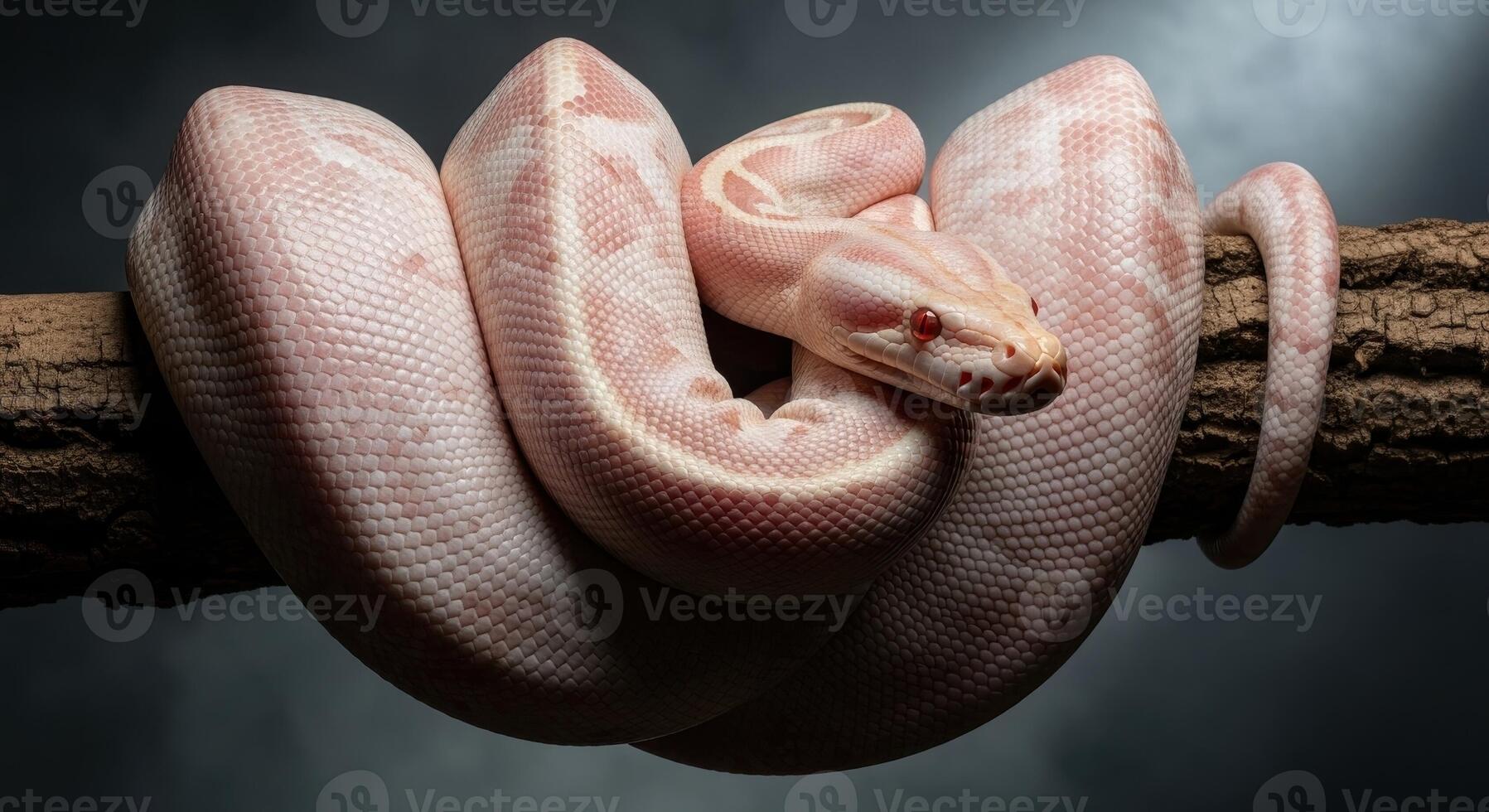 Captivating albino burmese python with pink scales coiled around a tree branch photo