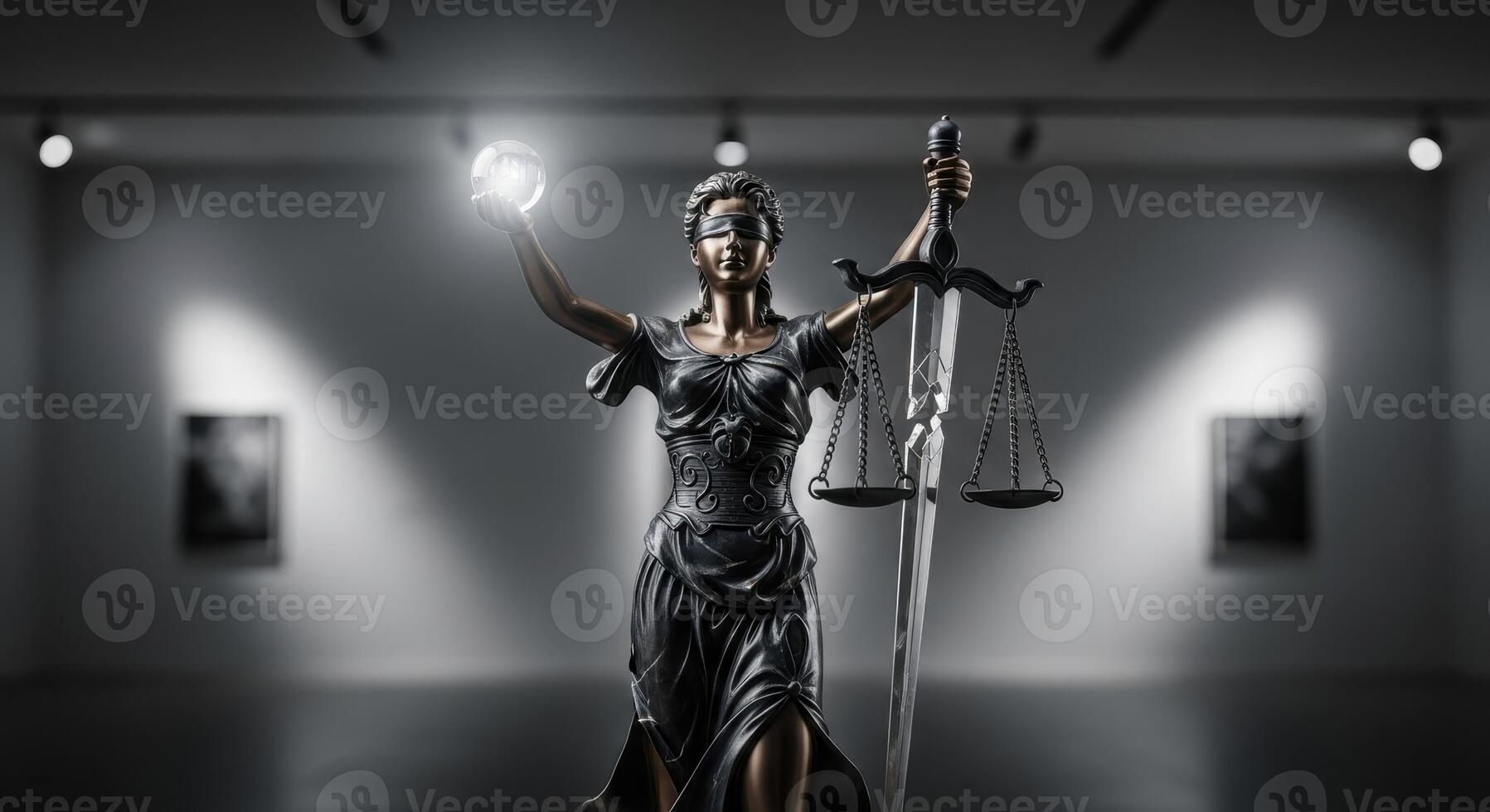 Modern stylized lady justice statue with sword, scales, and glowing orb in a dark gallery photo