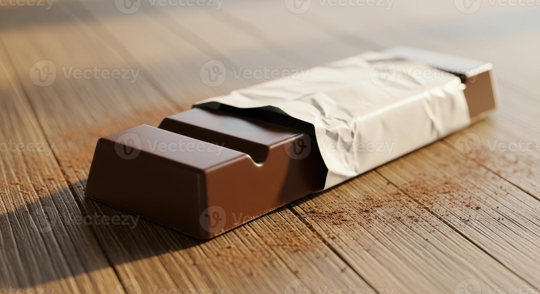 Delicious dark chocolate bar partially unwrapped on a rustic wooden table surface photo