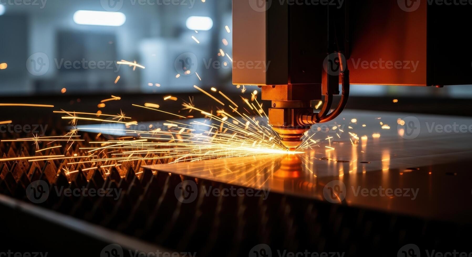 Laser cutting machine precisely cutting metal sheet with brilliant sparks in an industrial factory. photo