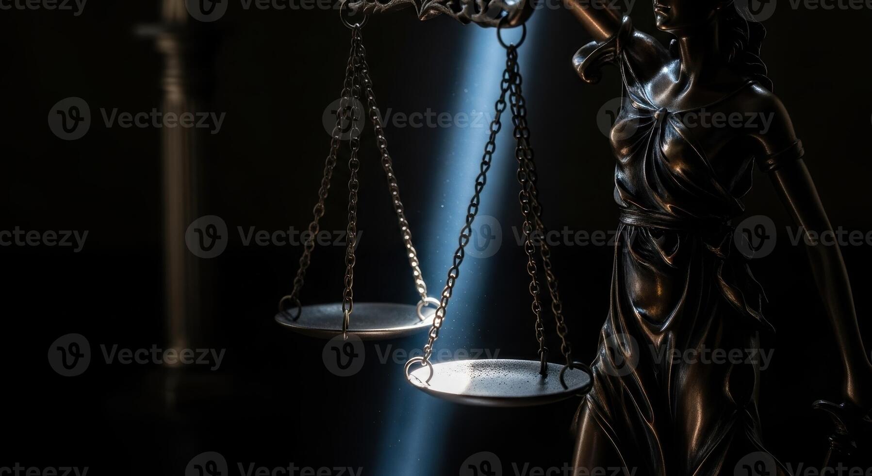 Lady justice statue scales perfectly balanced in a beam of light, symbolizing fairness photo