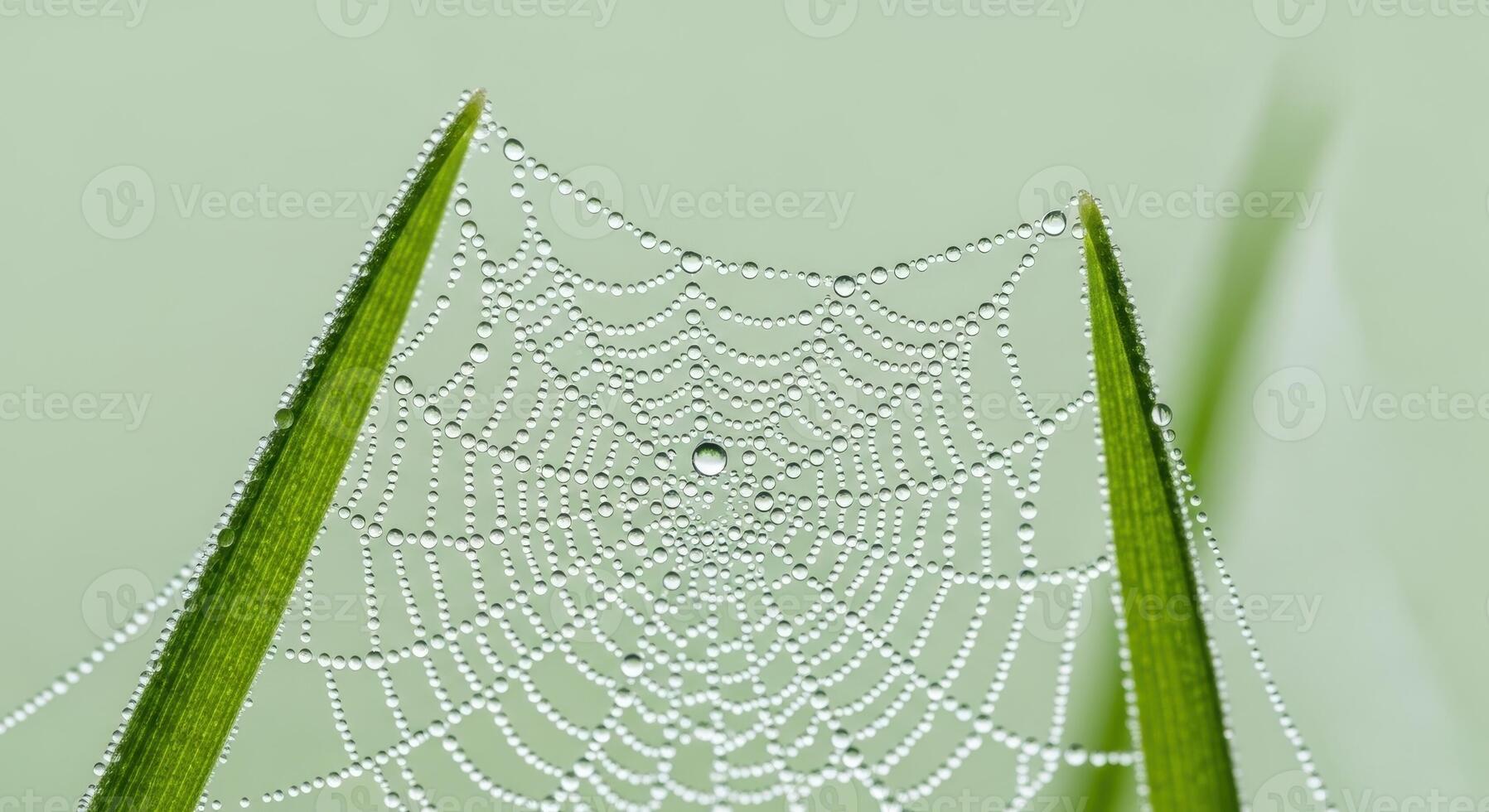 Delicate spiderweb covered in shimmering dew drops on green grass blades photo