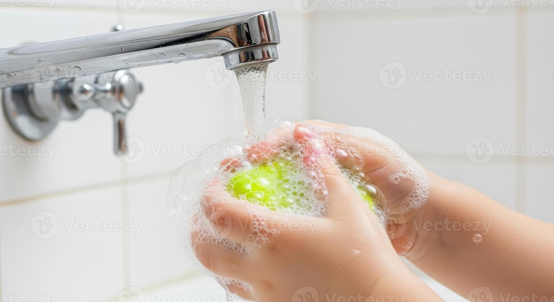 Child hands washing a green apple with soap and water under a faucet photo